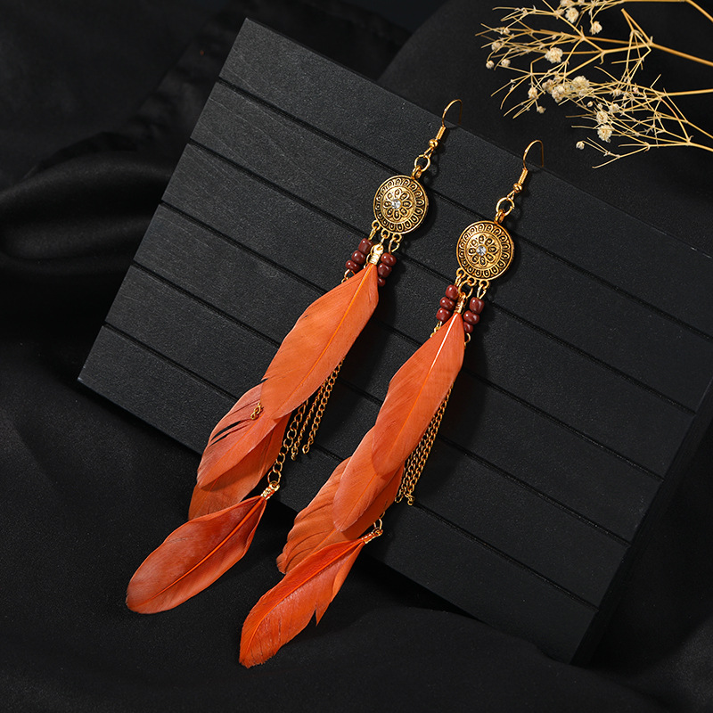 1 Pair Chinoiserie Ethnic Style Classic Style Water Droplets Tassel Alloy Feather Drop Earrings display picture 22