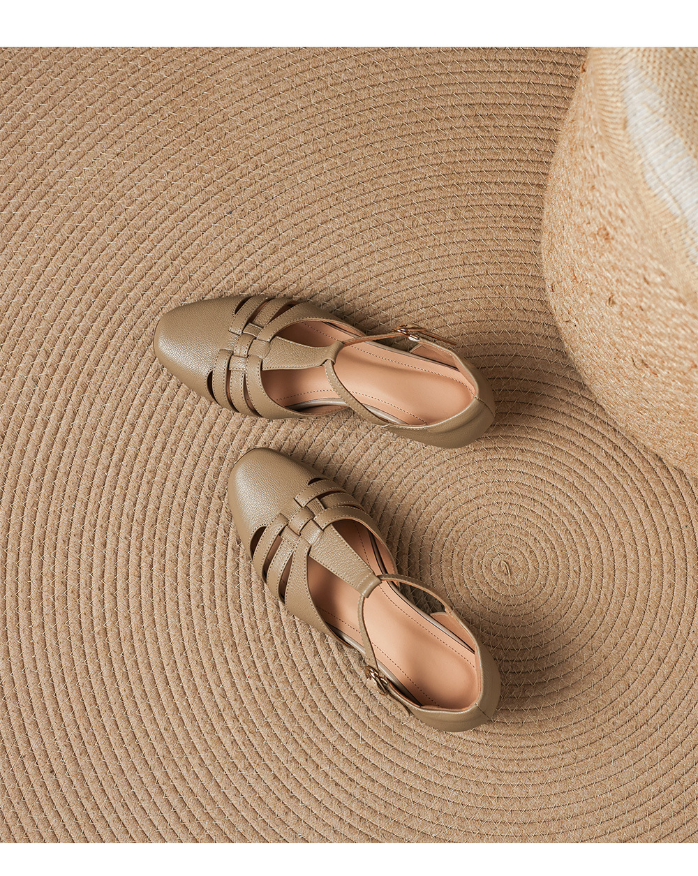 Sandal nữ da cừu dệt bao đầu mũi vuông gót dày 3.5cm quai ngang kiểu La Mã — màu trắng ngà chi tiết 14