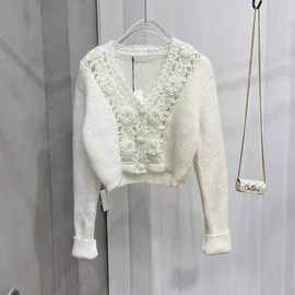 高比例羊毛马海毛手工编织玫瑰钩花短款外套毛衣女sweater