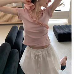 EGGK エッジ V ネック半袖 T シャツ女性の夏の新しいスリムフィットショートショルダーニッチトップ