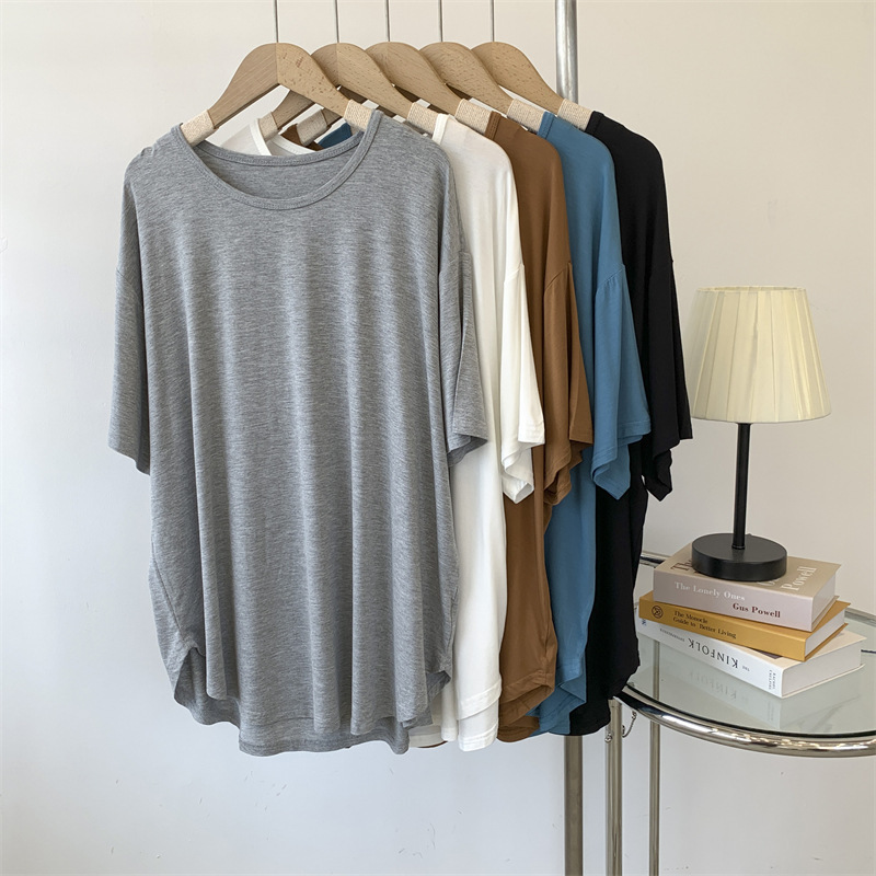 Modal Blue-Green Round Neck Loose Light Plate Short-Sleeved T-Shirt Women's Loose Large Size Pure Color Lazy Style Dance Wear T-Shirt