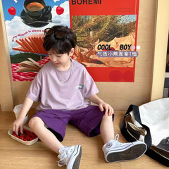 男童小熊T恤夏裝2024兒童韓版新款短袖中小童洋氣紫色T恤寶寶休閒