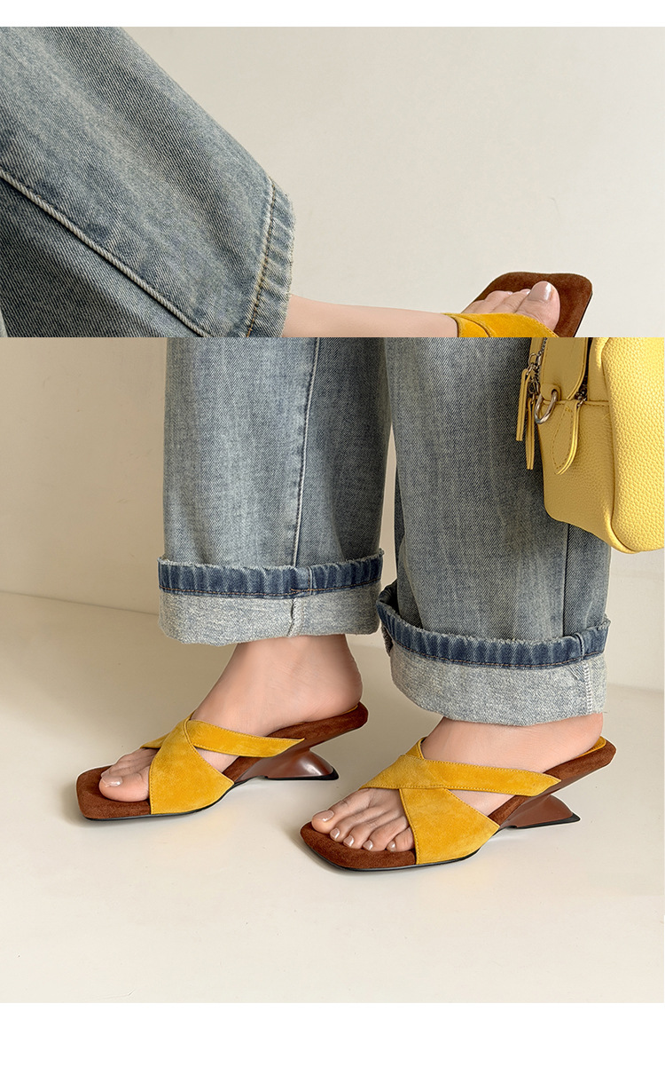 Sandal cao gót nữ quai chéo kiểu Pháp mũi vuông hở ngón, gót xuồng 7 cm — màu đen, Màu da báo, màu vàng, màu đỏ chi tiết 11