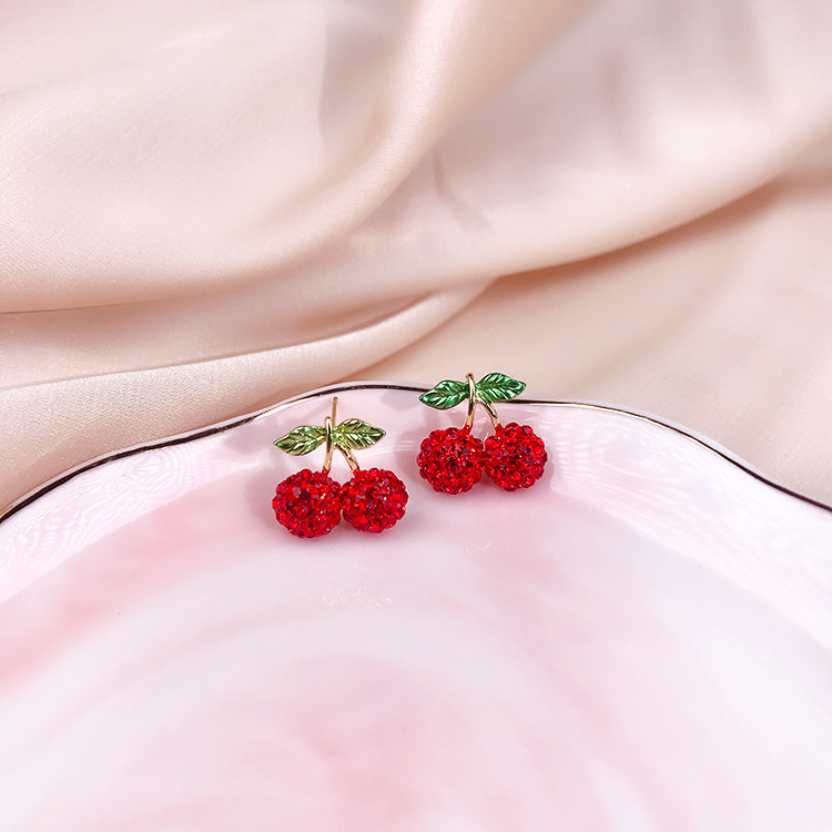 Zircon Inlay Material 1 Pair Sweet Simple Style Cherry Fruit Plating Alloy Zircon Ear Studs