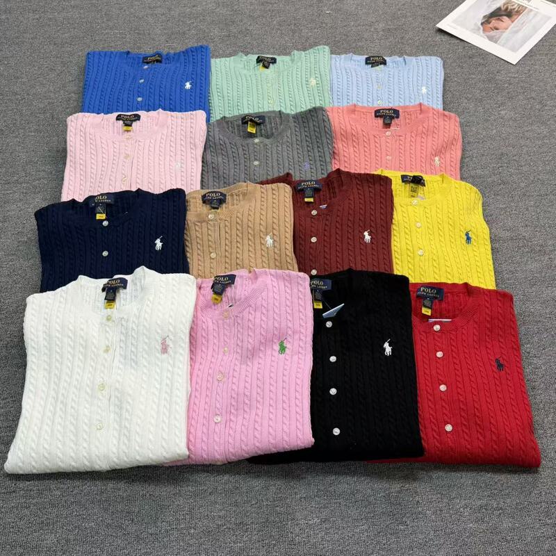 High-quality QR code scannable Ralph Lauren embroidered PL knit sweater, slim-fit cable knit cardigan, women's top