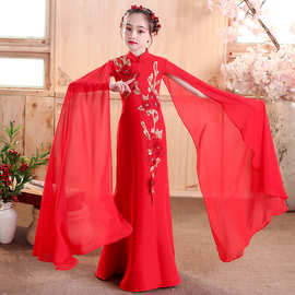 古筝比赛演出服女童儿童艺考中国风红色旗袍古典舞蹈表演服装夏季