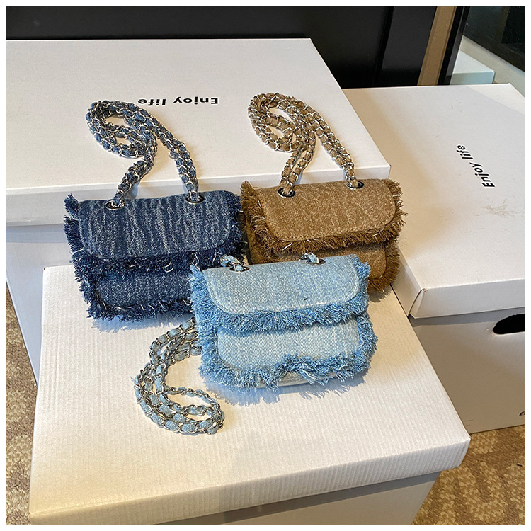 Small Size Kid'S Small Denim Solid Color Classic Style Streetwear Square Flip Cover Crossbody Bag