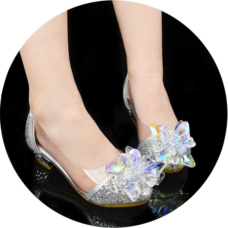 Children's Cinderella Crystal Shoes Princess High Heels 10-year-old Girls Chun Da Children's Shoes Summer Leather Shoes Rhinestone Performance Women