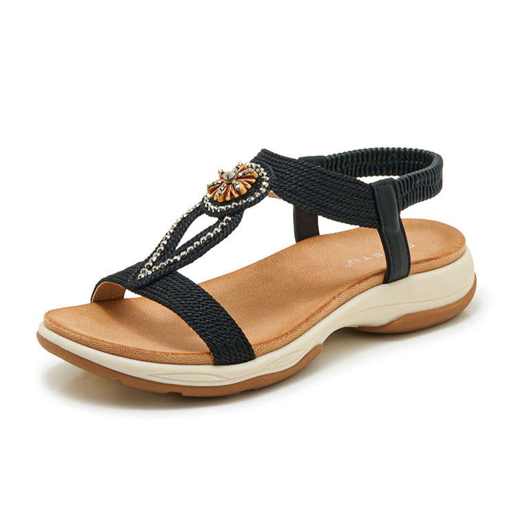 Sandal nữ đế mềm chống trượt phong cách Bohemian đính đá — Champagne màu, màu đen, màu vàng chi tiết 23