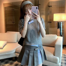 MIU缪缪家针织套装女灰色蝴蝶结毛衣短袖百褶裙半裙两件套套装