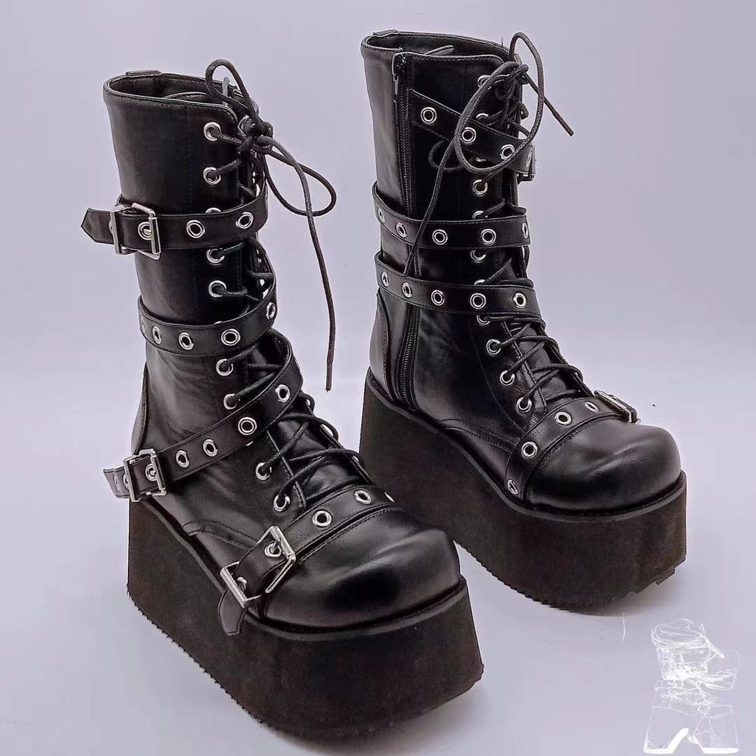 Punk belt buckle platform side pull short boots for women plus size 43 plus size boots for women_voghion.com