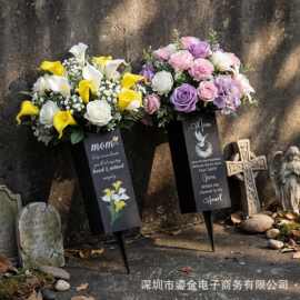 跨境铁艺纪念地插花瓶 刻字缅怀墓碑花筒 庭院陵园装饰花器