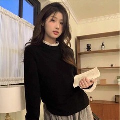 半高领蕾丝拼接长袖T恤双面加绒打底衫女花边内搭显瘦打底上衣女