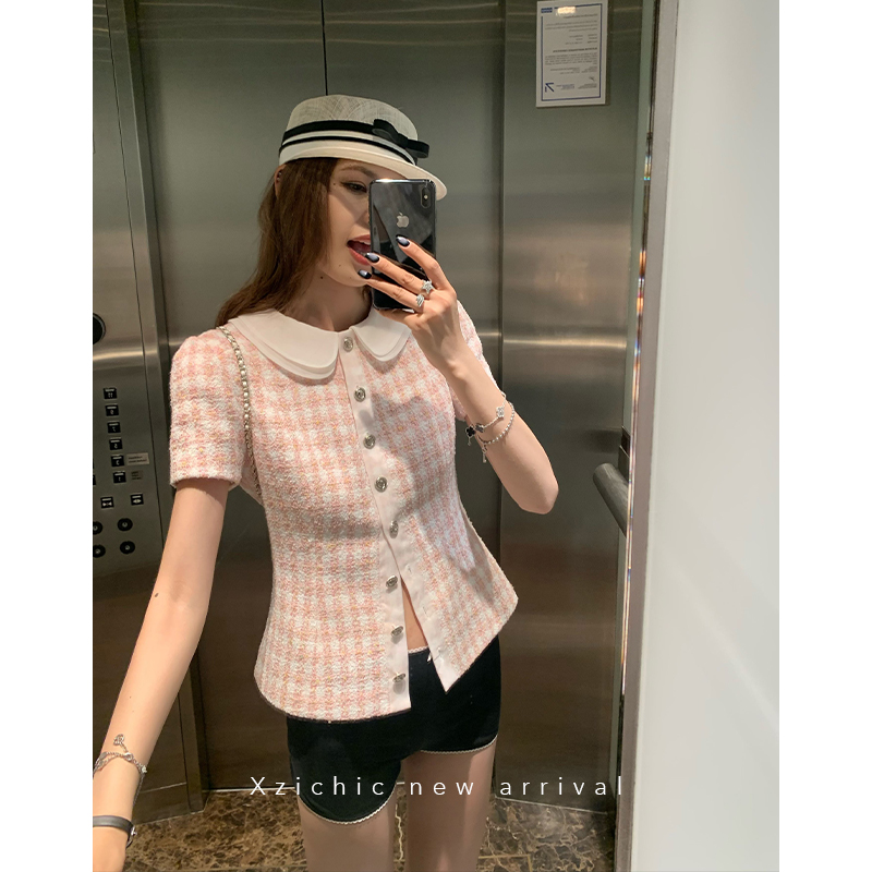 Cross-Border Chanel-Style Doll Collar Jacket Jennie-Inspired Slim-Fit Short-Sleeve Coat Women's Tweed Plaid Blouse