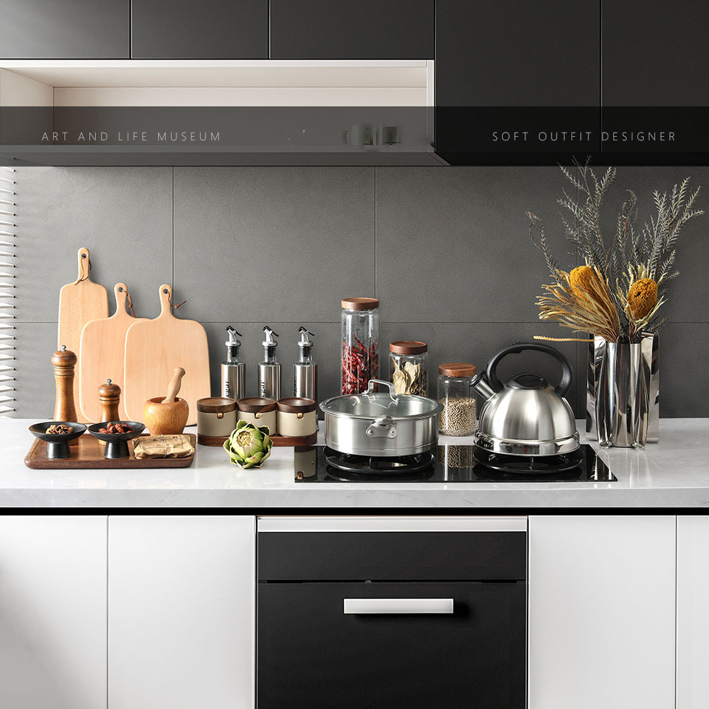 Decoración de gabinete de cocina modelo simple combinación de ollas de acero inoxidable tazas de ollas condimento frasco floral exhibición