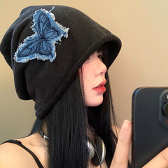 蝴蝶复古针织帽女款秋冬保暖帽子显脸小堆堆新款纯色卷边套头冷帽