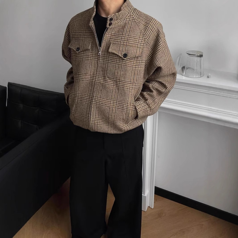 South Korea Prince of Wales Houndstooth Harrington Wool Jacket Coat Short Wide Cut 50% Wool Cotton