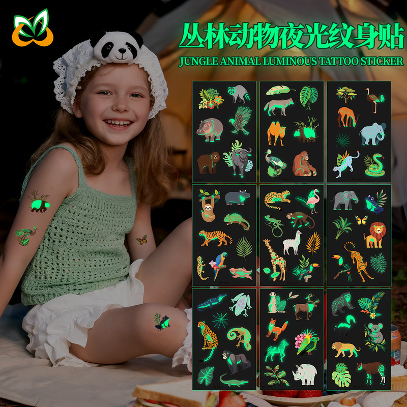 Cross-border new cartoon jungle animal glow-in-the-dark temporary tattoo stickers, high-quality and cute, perfect for children's arms