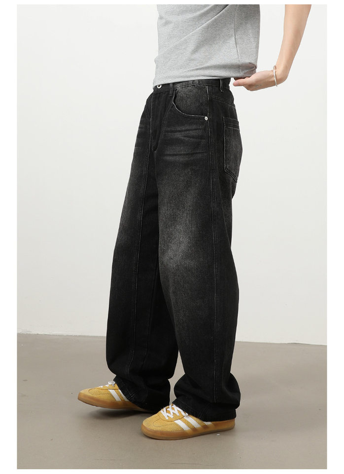 Quần jeans nam dáng thẳng rộng phối màu phong cách retro — màu xanh, màu xám đen chi tiết 18