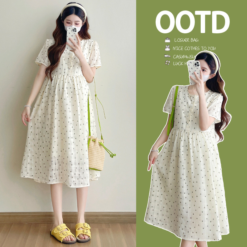 Maternity Wear 2025 New Summer French Gentle Style Loose-Fitting Belly-Covering Faux Two-Piece Dress