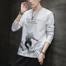 男士长袖t恤大码休闲打底衫韩版印花潮流圆领男秋季上衣男装内搭