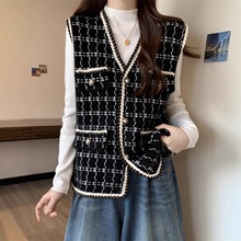 小香风千鸟格针织马甲外套女2025秋冬新款仿水貂绒无袖毛衣背心潮