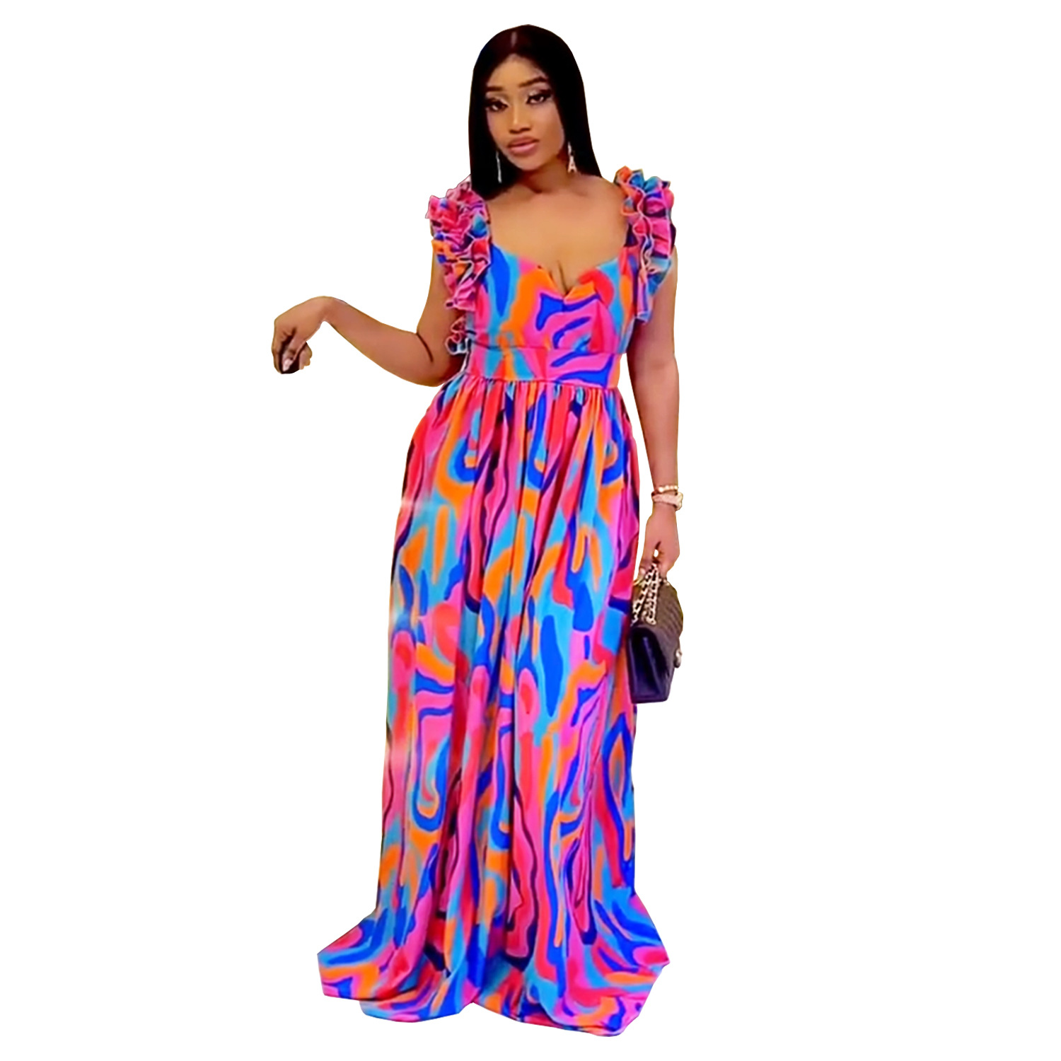 C7512 Aliexpress transfronterizo Amazon Europa y América de moda de mujer elegante vestido de impresión de correa de hombro de hoja de loto nuevo image 7