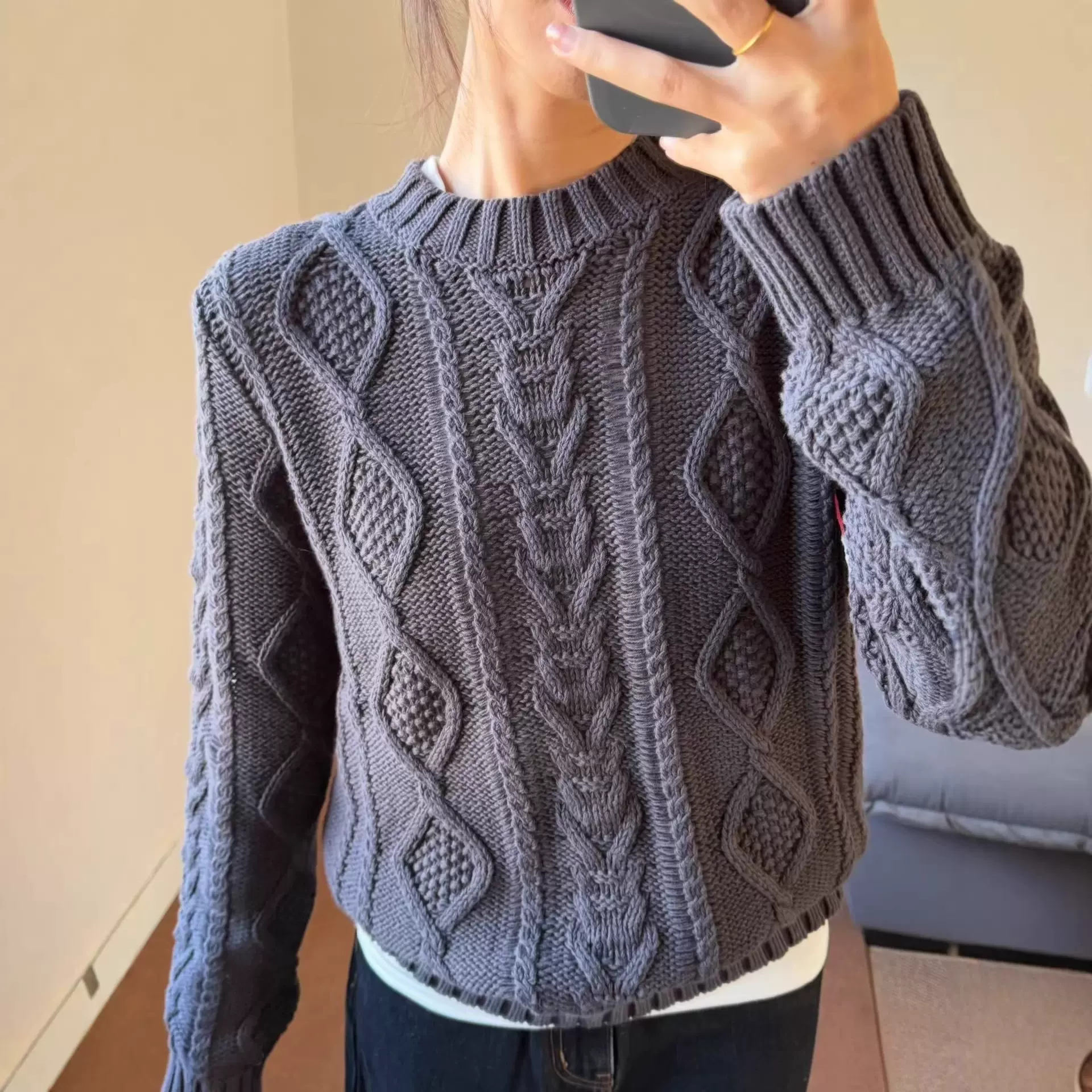 新款显瘦100%棉宽松肩圆领百搭复古绞花套头毛衣女5129