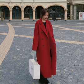 赫本风红色毛呢西装外套女中长款2023年冬季新款气质加厚呢子大衣