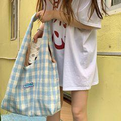 帆布包韩系慵懒风ins韩系蝴蝶结格子背包女双面背单肩包斜挎包
