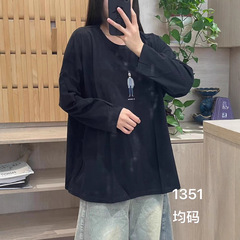 新款休闲百搭纯色棉圆领长袖宽松大码套头t恤衬衣