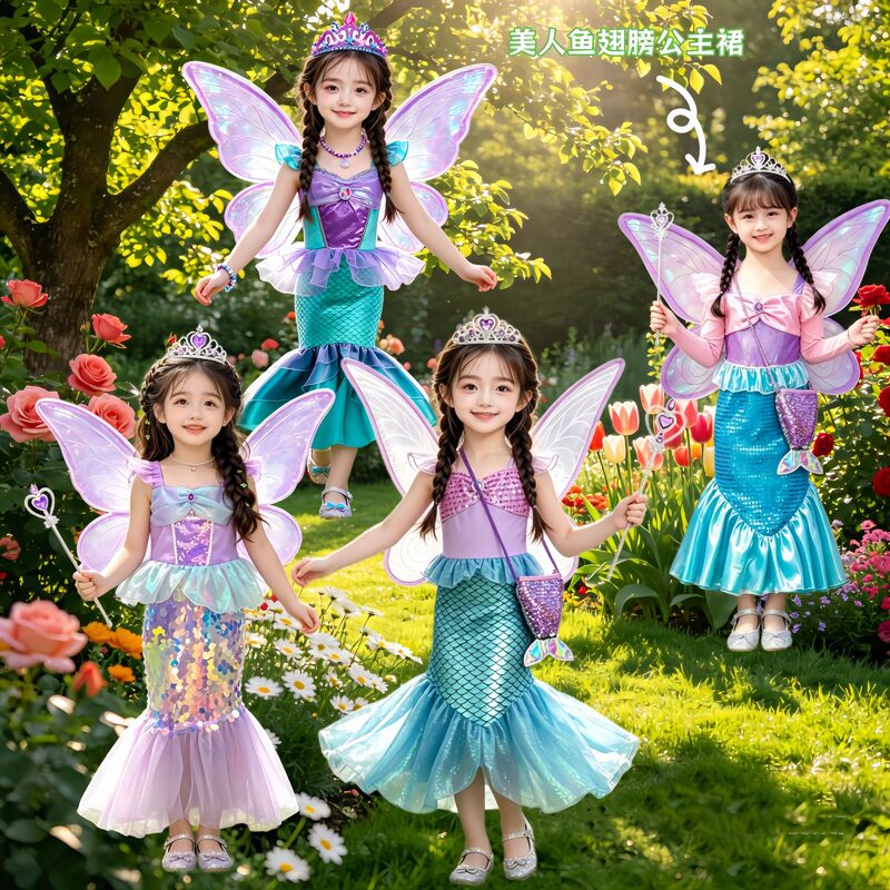 Children's Day Girls' Mermaid Princess Dress with Sequins, New Stylish Birthday Dance Wing Dress Performance Costume