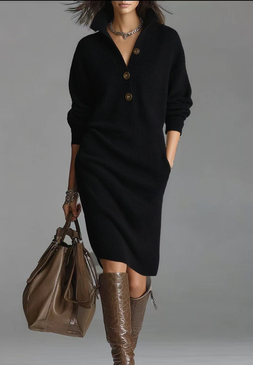 Robe pull en maille boutonnée femme robe casual mi-longue automne_voghion.com