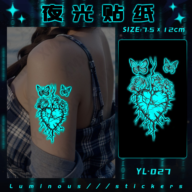Xm&Xp Blue Luminous Tattoo Sticker Female Waterproof Long-Lasting Ins Gothic Style Dark Thorn Rose Heart Stylish Xm&Xp Blue Luminous Tattoo Sticker Female Waterproof Long-Lasting Ins Gothic Style Dark Thorn Rose Heart Stylish