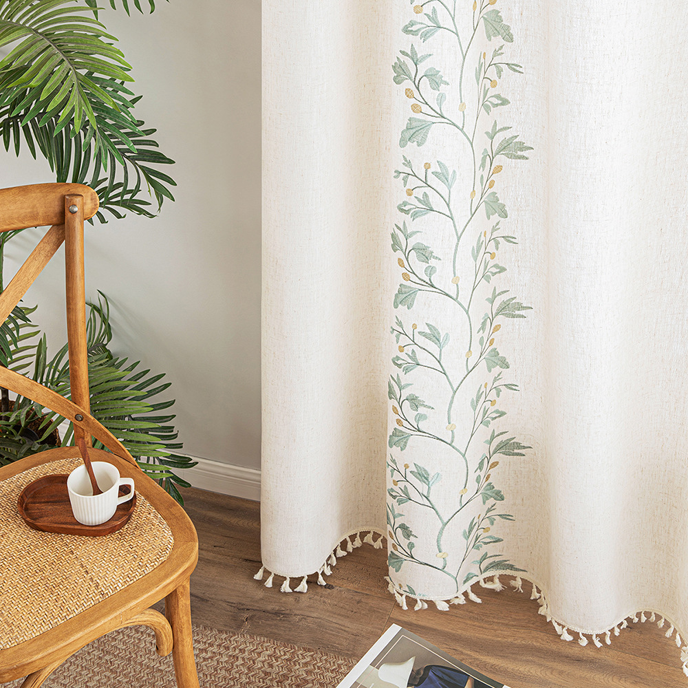 Modern simple embroidered curtain small fresh flower tassel home living room bedroom sun protection non-transparent semi-shade curtain