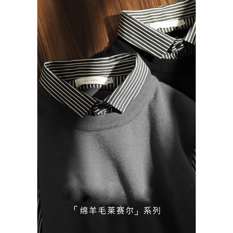 This is also too nice ~ sheep wool lyocell fake two-piece long sleeve sweater men's striped shirt collar sweater This is also too nice ~ sheep wool lyocell fake two-piece long sleeve sweater men's striped shirt collar sweater