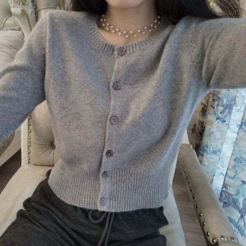 女士100全羊毛开衫秋冬新款圆领高腰短款毛衣外套纯色百搭针织衫|undefined