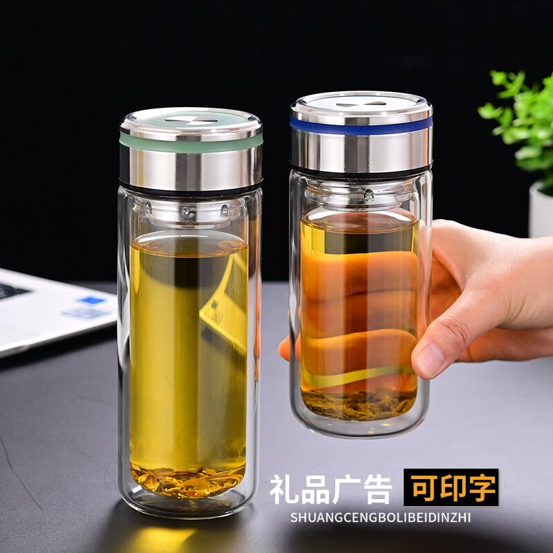 杯子玻璃透明双层创意玻璃杯家用耐高温大容量带盖商务泡茶杯批发