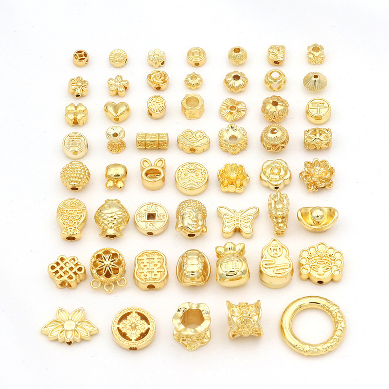 Color-Preserving 18K Real Gold Separated Beads with Blessing Characters, Lotus Gourd Loose Beads, DIY Hand-Woven Rope Bracelet Jewelry Beads D139