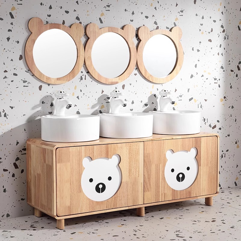 Kindergarten Children's Solid Wood Bathroom Cabinet Oak Cartoon Parent-child High and Low Washstand Washstand Washbasin Washbasin Kindergarten Children's Solid Wood Bathroom Cabinet Oak Cartoon Parent-child High and Low Washstand Washstand Washbasin Washbasin