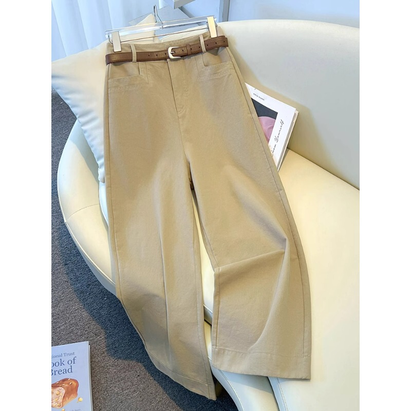 Khaki Casual Straight-Leg Pants Spring and Autumn 2026 New Style Loose-Fitting Bf Style Petite Cropped Wide-Leg Pants High Waist