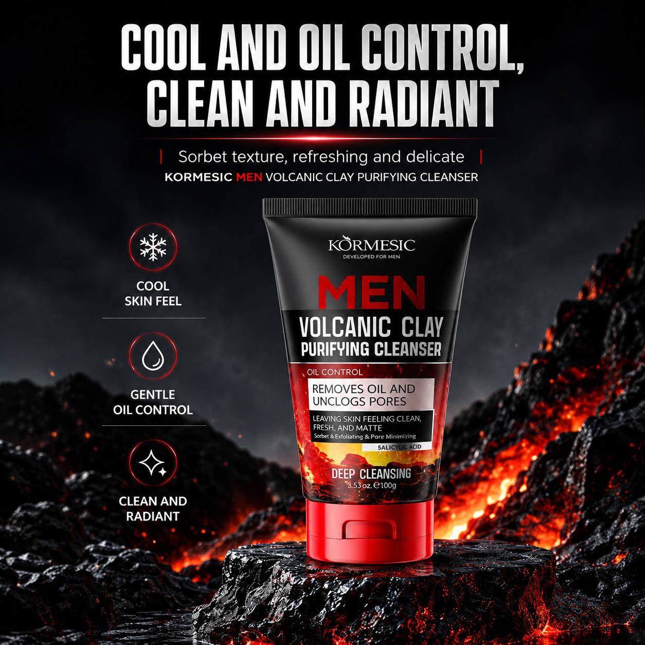 Cross-border KORMESIC men's volcanic mud cleanser facial cleanser…
