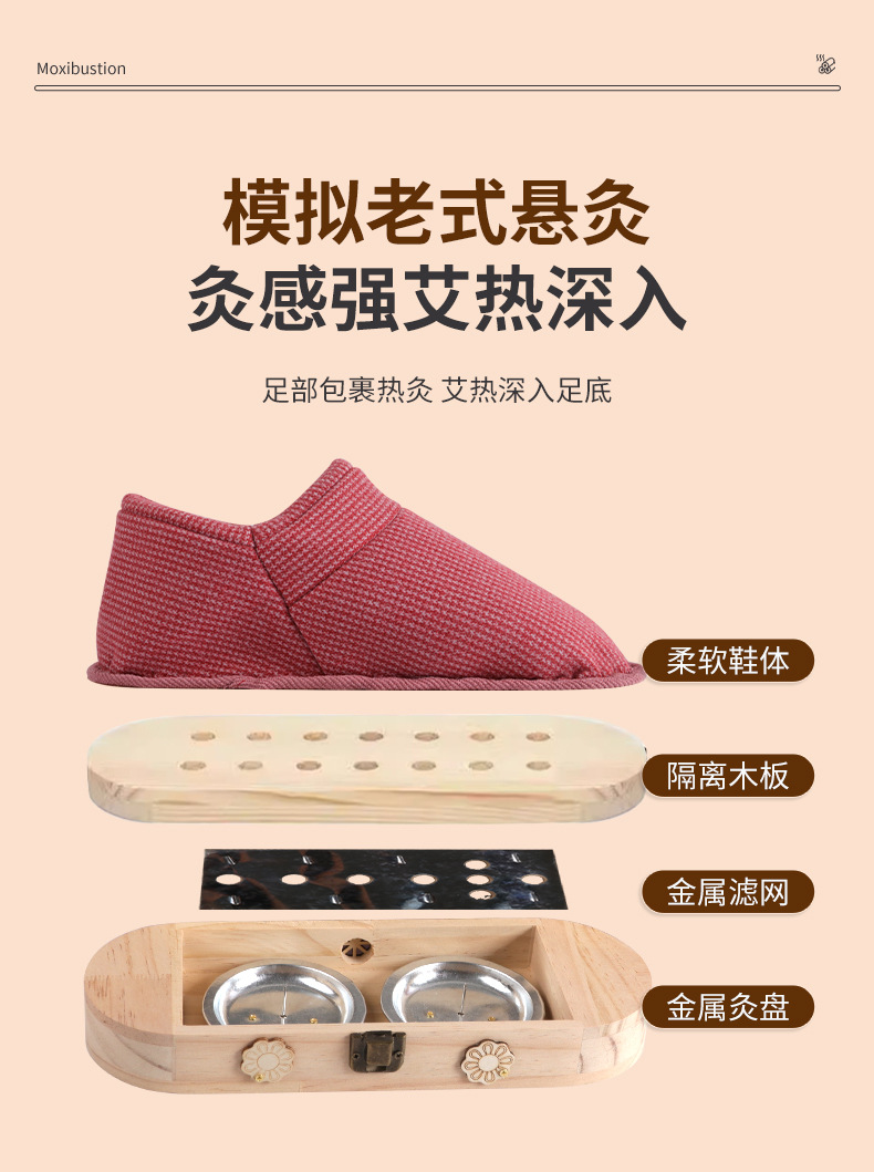 Wooden Foot Moxibustion Shoe with Anti-Slip Pad for Home Warm Moxa Therapy Includes 54 Stone-Ground Moxa Cones key features