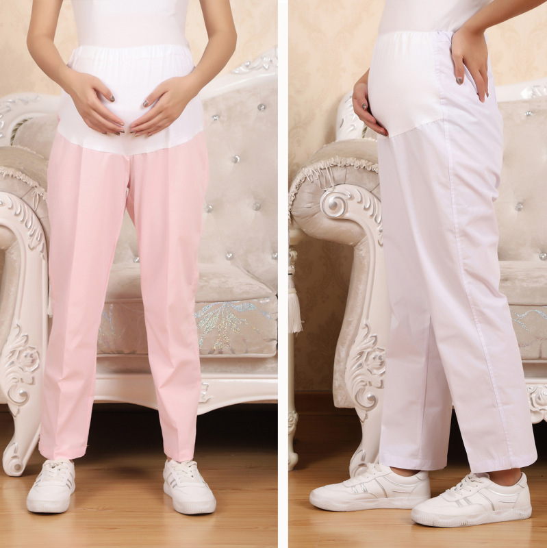 Pregnant woman nurse pants full belly adjustable elastic waist white blue pink nurse clothing white coat size work pants Pregnant woman nurse pants full belly adjustable elastic waist white blue pink nurse clothing white coat size work pants