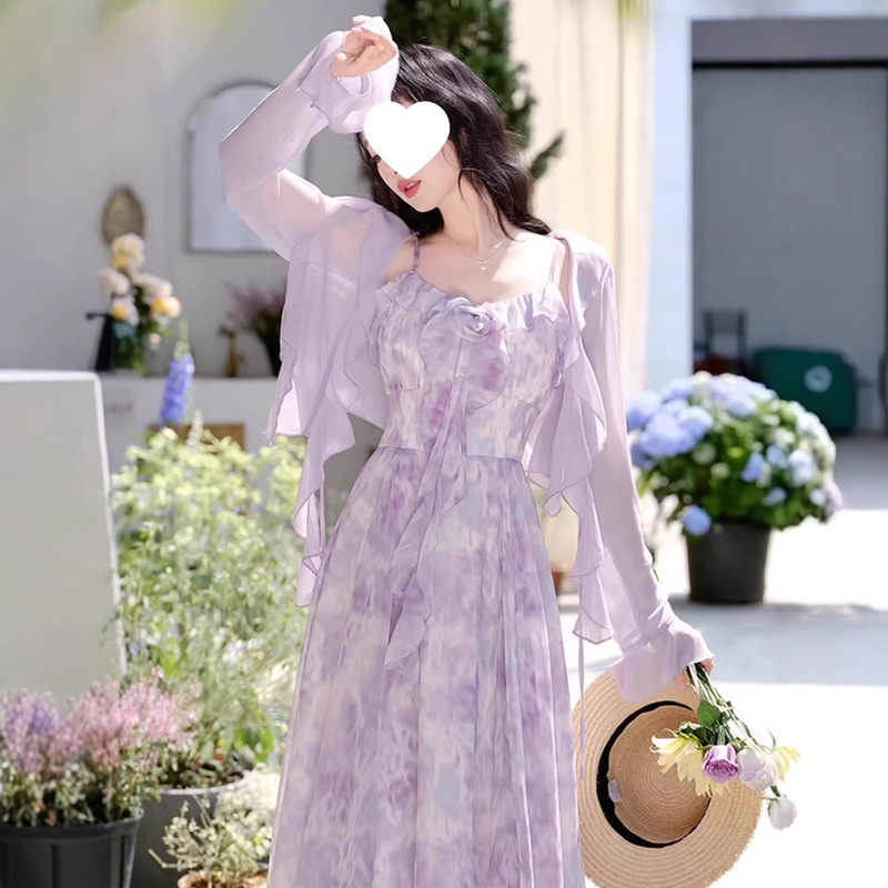 Women's Summer Suspender Dress with a High-End Feel, Unique and Beautiful Purple Suspender Dress Paired with a Sun-Protective Cardigan Two-Piece Set Women's Summer Suspender Dress with a High-End Feel, Unique and Beautiful Purple Suspender Dress Paired with a Sun-Protective Cardigan Two-Piece Set