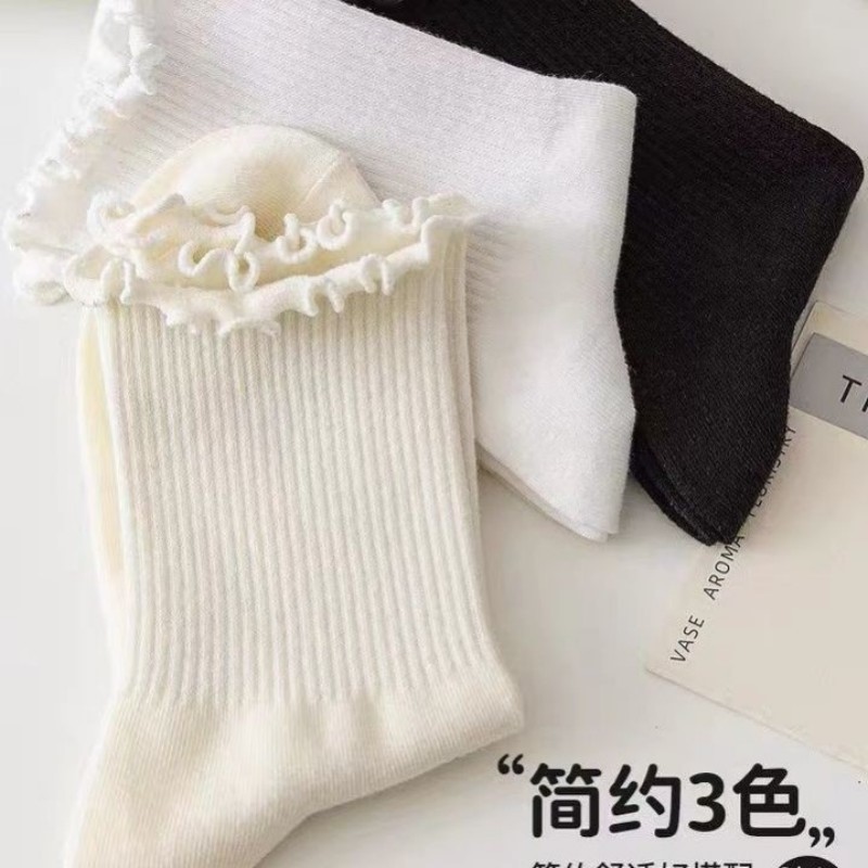 [Pure Cotton] White Fungus Edge Lace Jk Socks Women's Mid-Calf Spring & Fall White Summer Japanese Style Style Pile Socks