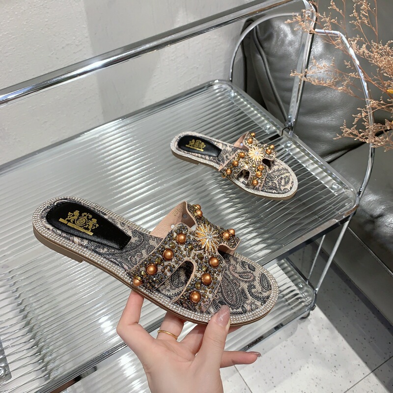 Leopard Print Design Flat Open-Toe Handcrafted Beaded Printed Soft-Soled Beach Slippers Vacation Style Hand-Beaded