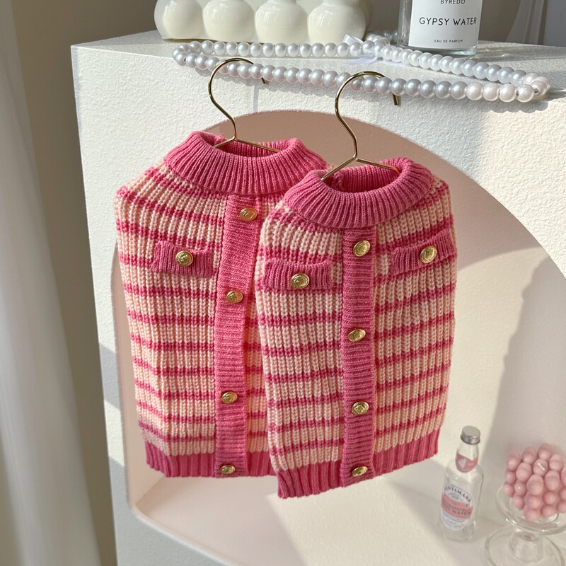 Chanel-Style Autumn and Winter Dog Warm Sweater, Teddy Pet Dog Clothes, Pink Striped Small Dog Fleece Thickened