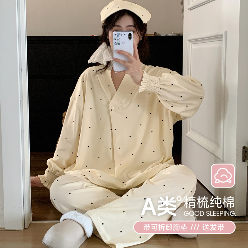 Xiyue Spring and Autumn Maternity Pajamas with Removable Chest Pads, Imitation Cotton, for Pregnant Women Before and After Delivery, Postpartum Nursing Sleepwear, Includes Headband Xiyue Spring and Autumn Maternity Pajamas with Removable Chest Pads, Imitation Cotton, for Pregnant Women Before and After Delivery, Postpartum Nursing Sleepwear, Includes Headband