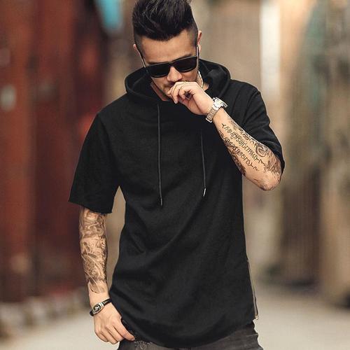 Cap sleeve men's fashion hat T-shirt loose large size hip-hop hat sweater half sleeve summer thin model with hat black hoodie